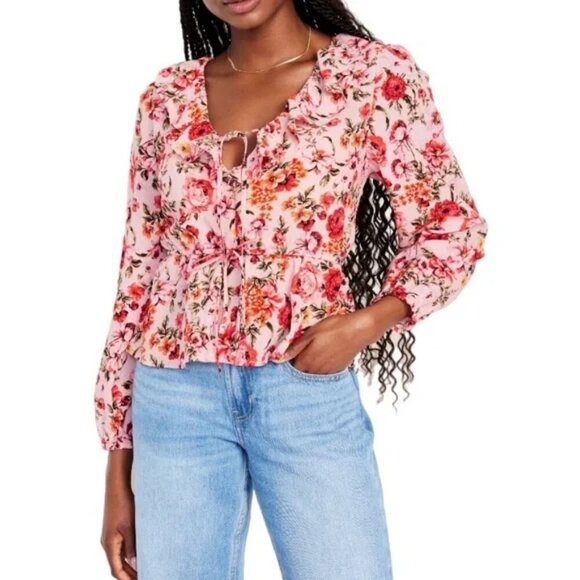 Old Navy Size L "Bed of Flowers" Pink Floral Ruffle Trim Blouse, NEW with Tag - Picture 1 of 16